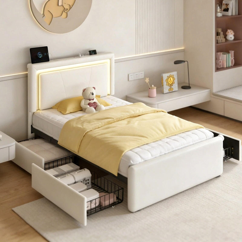 White Upholstered Twin Size Bed Frame with 4 Storage Drawers I54298