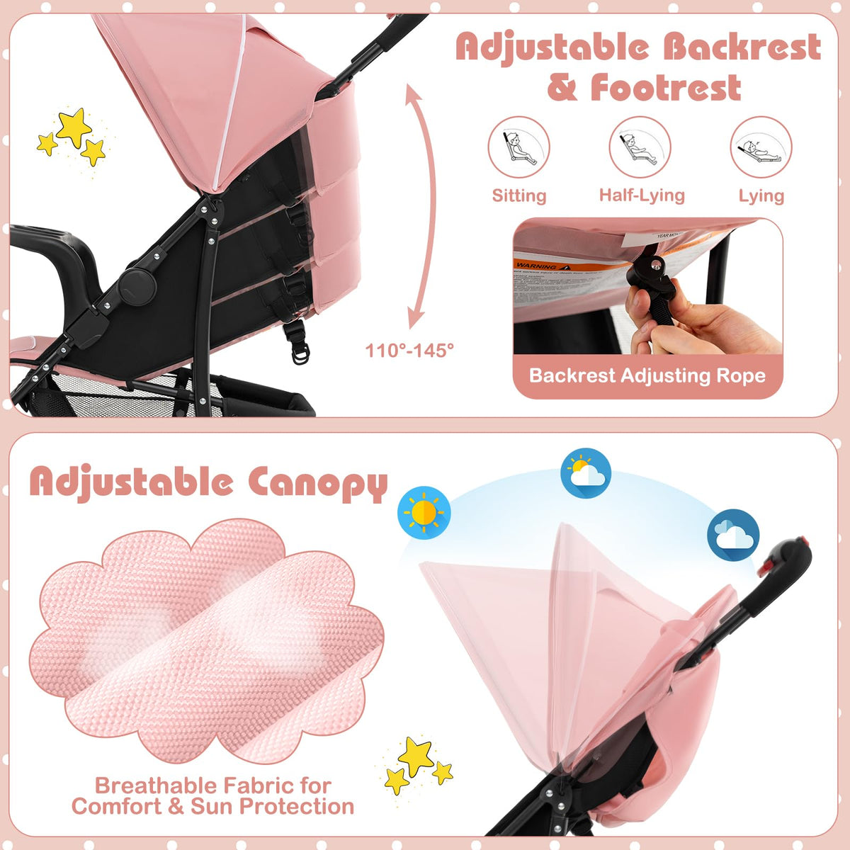 Lightweight Compact Fold Stroller with Canopy & Storage Basket, Pink O6338