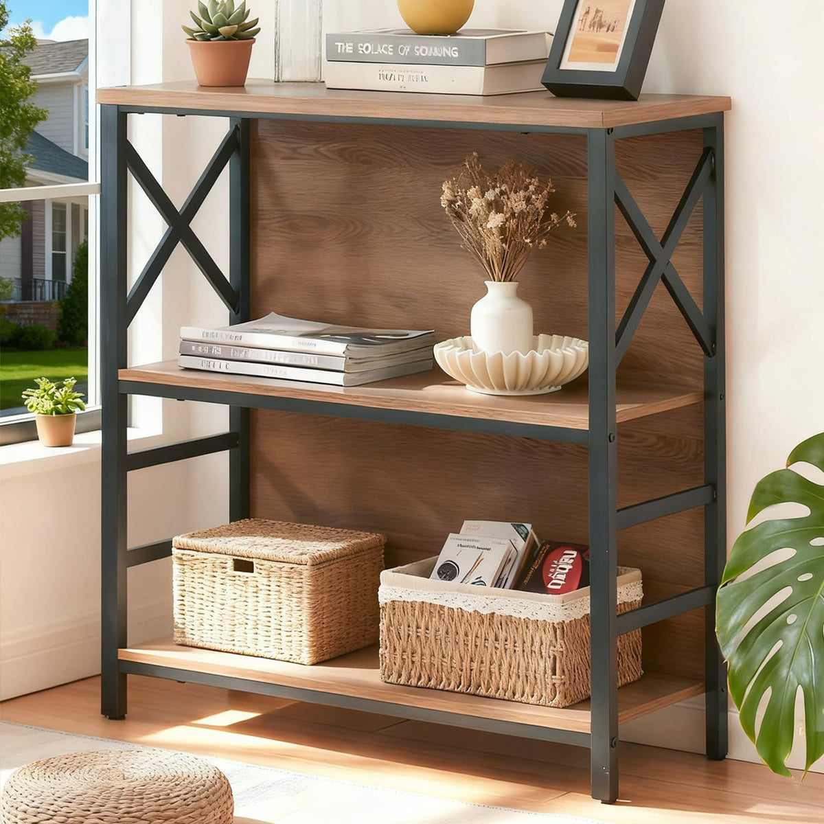 3 Tier Rustic Brown Bookshelf with Metal Frame and Backboard L81907