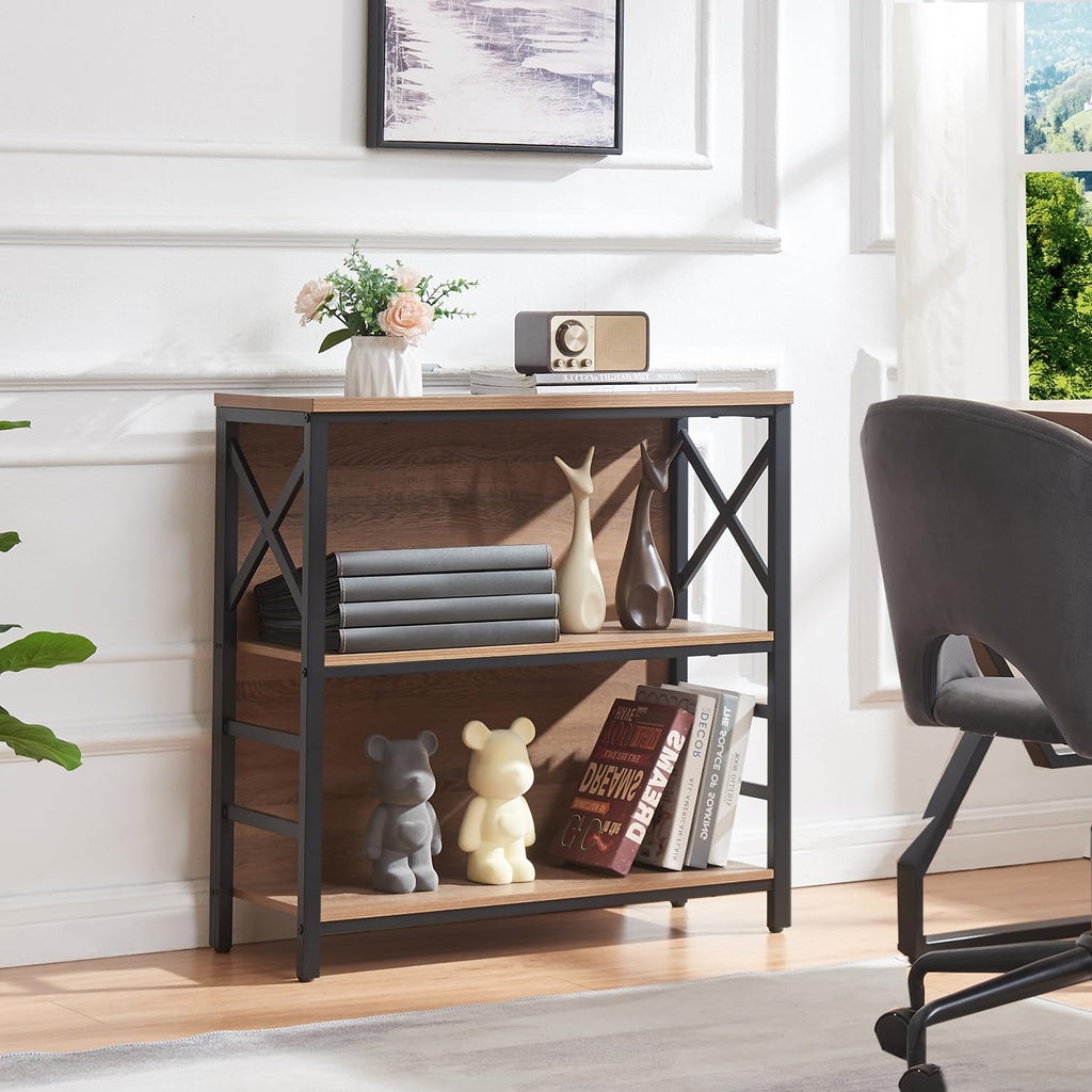 3 Tier Rustic Brown Bookshelf with Metal Frame and Backboard L81907
