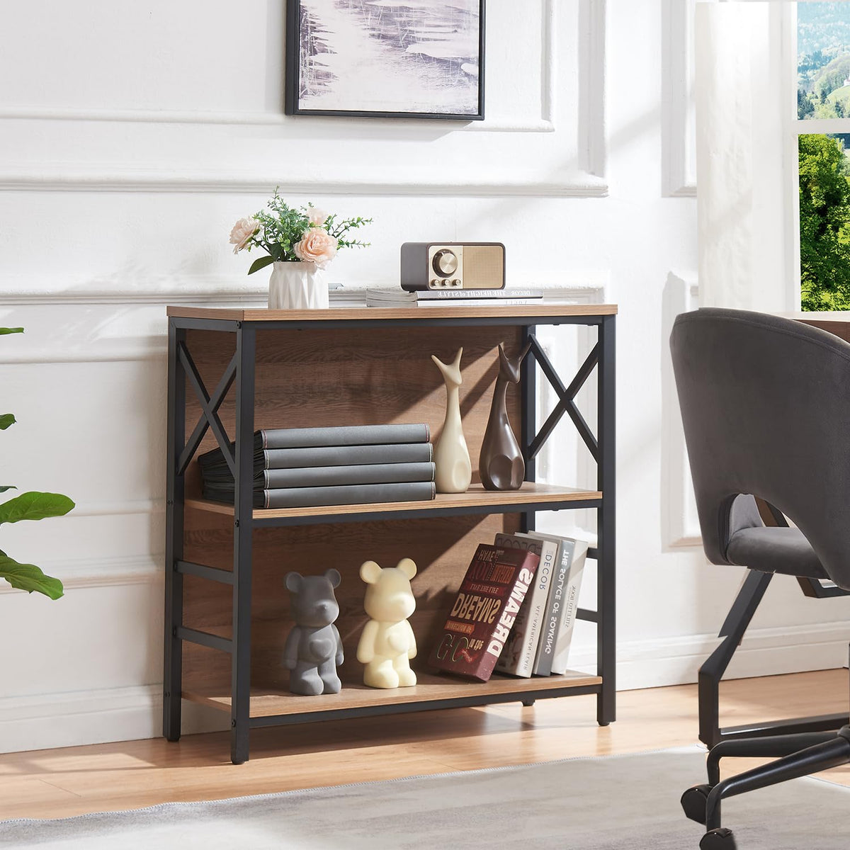 3 Tier Rustic Brown Bookshelf with Metal Frame and Backboard L81907