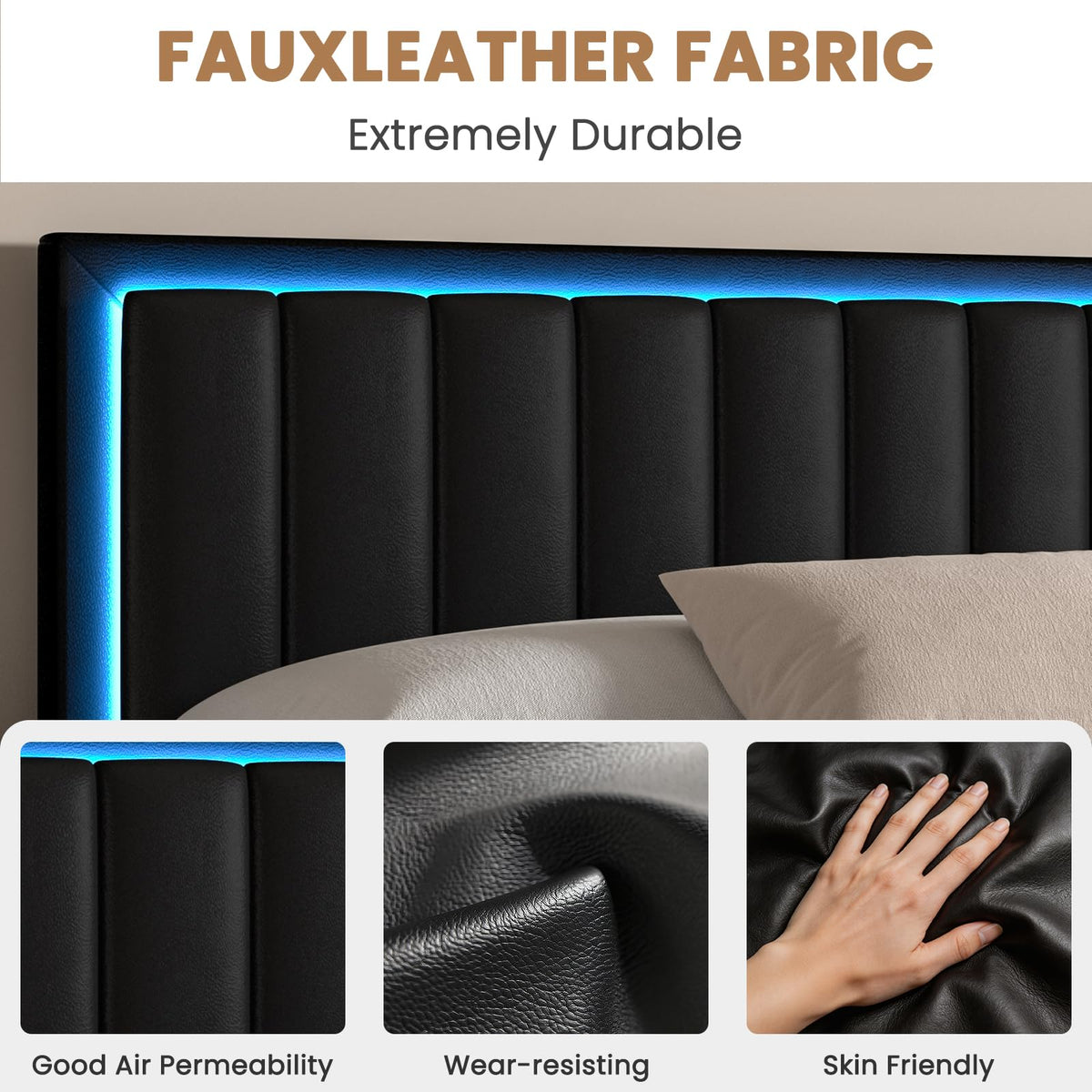 Full Size Upholstered Platform Bed Frame with Headboard, RGB LED Lights, Black K51517