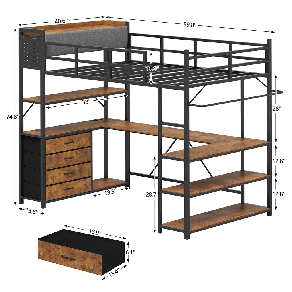 Twin Size Loft Bed with Storage and Desk O449492