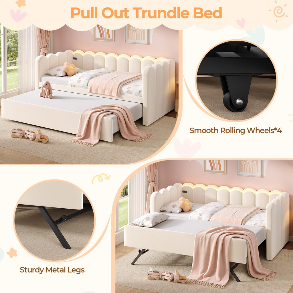 Beige Twin Velvet Upholstered Daybed with Pop Up Trundle D8316