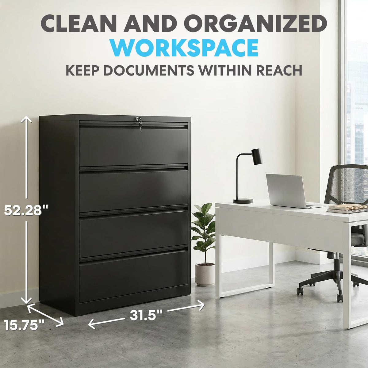 4 Drawer Black Metal File Cabinet with Lock W983