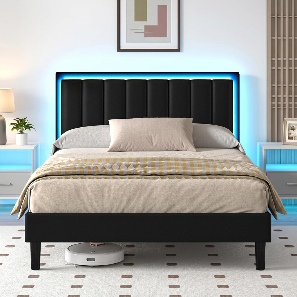 Full Size Upholstered Platform Bed Frame with Headboard, RGB LED Lights, Black K51517