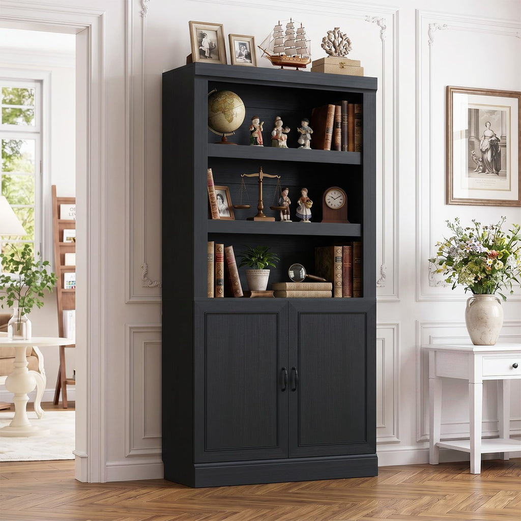 71" Tall Black Bookshelf with Doors and Adjustable Shelves M367