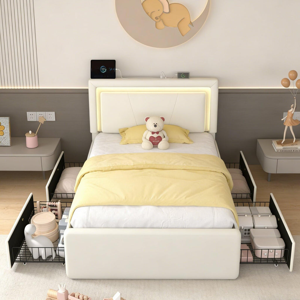 White Upholstered Twin Size Bed Frame with 4 Storage Drawers I54298