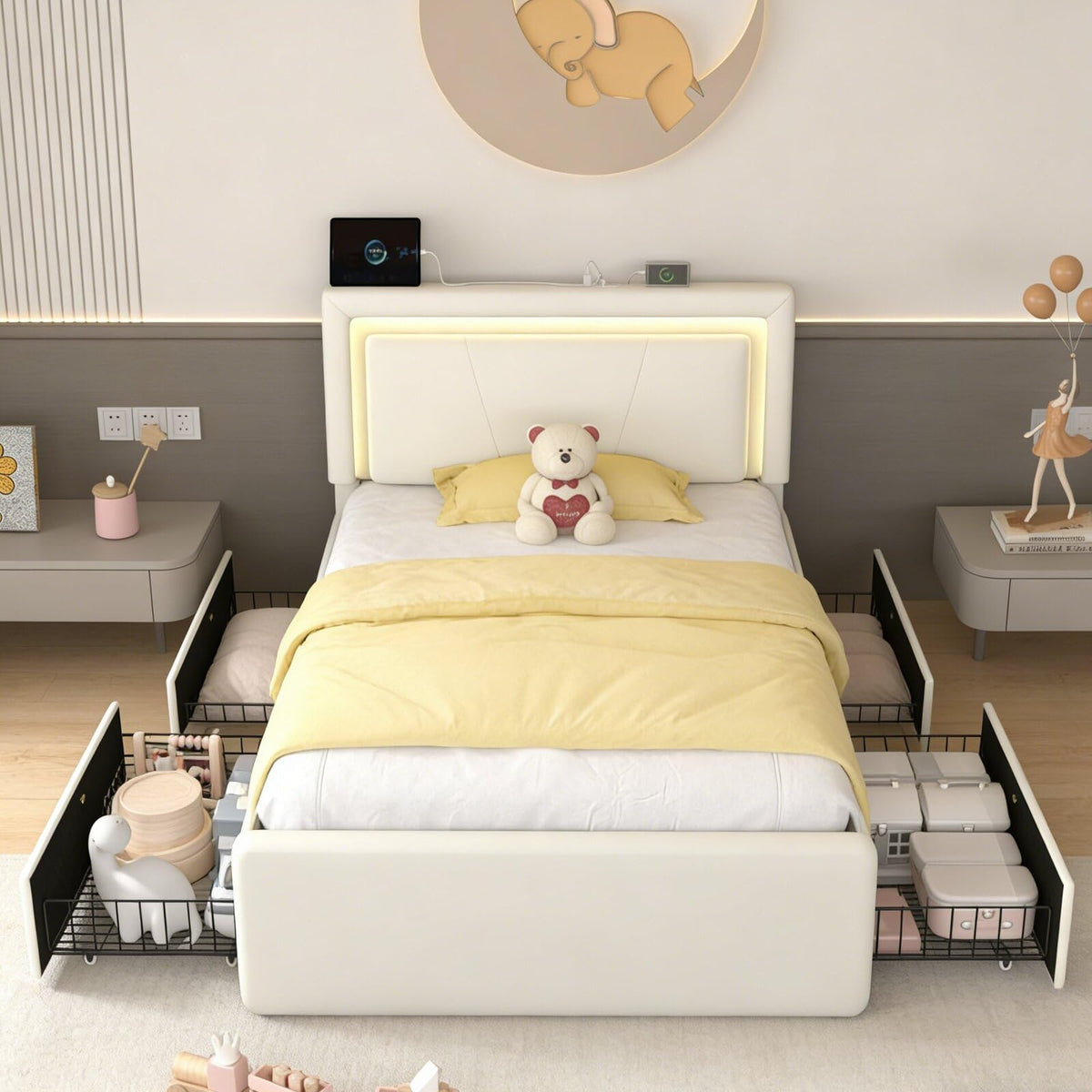 White Upholstered Twin Size Bed Frame with 4 Storage Drawers I54298