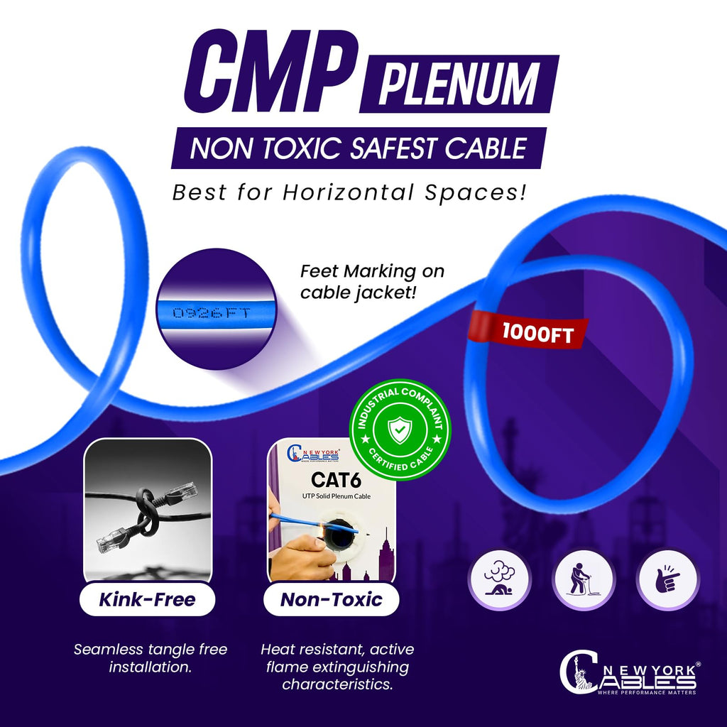CAT6 Plenum Cable 1000ft 23AWG UTP 4Pairs 550MHz 10Gbps CMP Rated Blue D246