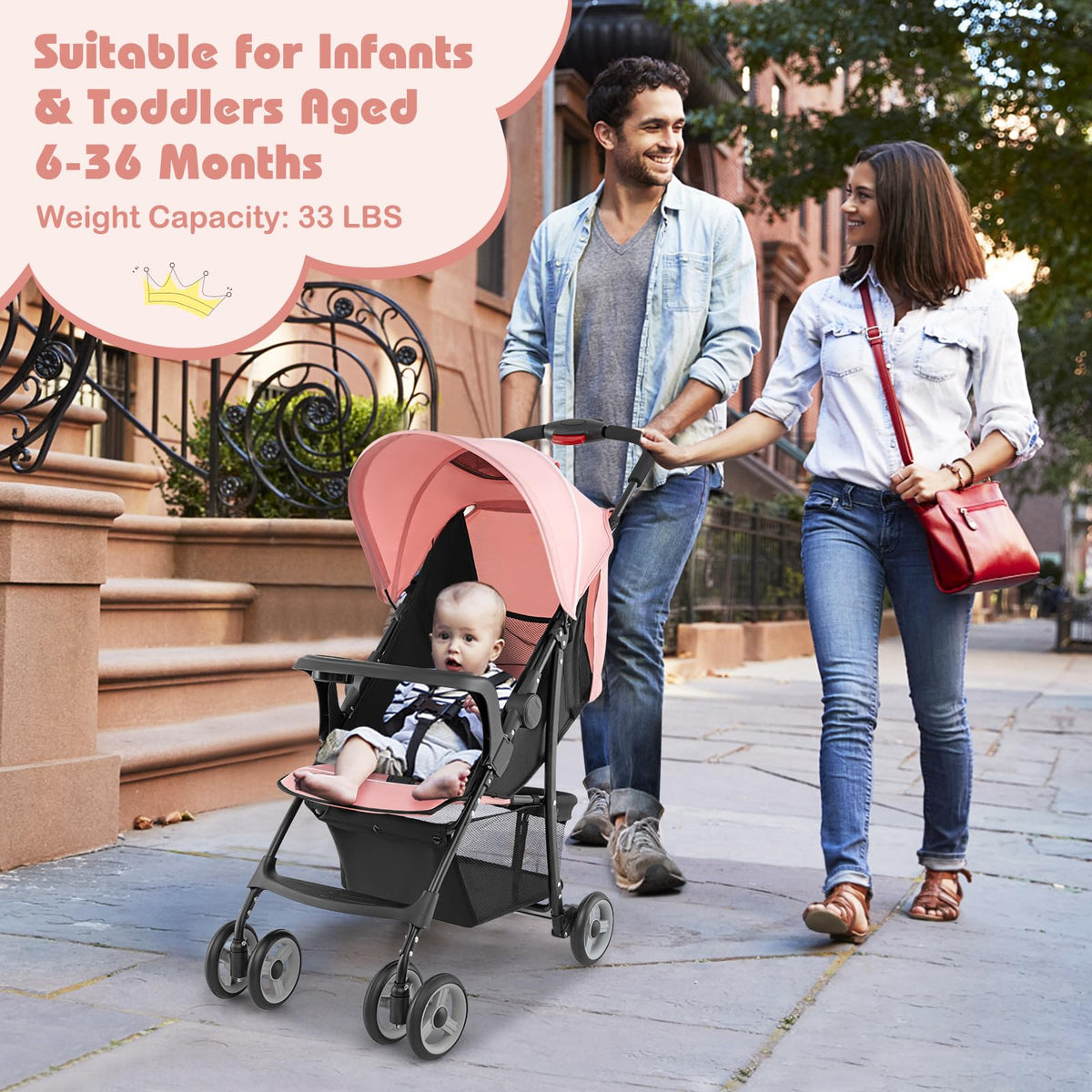 Lightweight Compact Fold Stroller with Canopy & Storage Basket, Pink O6338