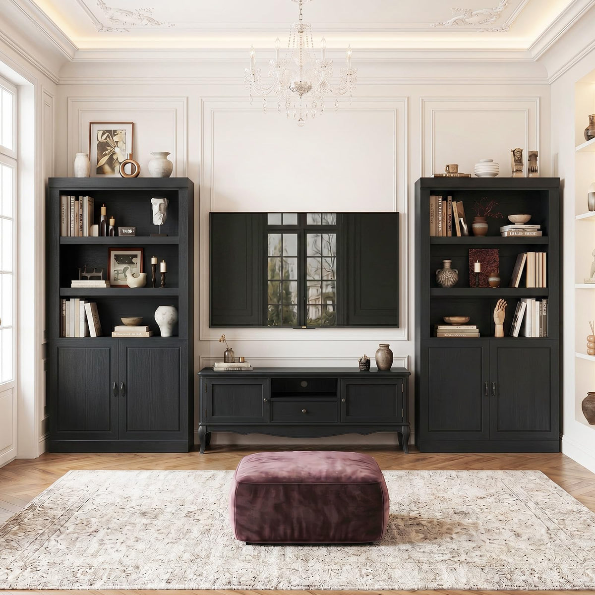 71" Tall Black Bookshelf with Doors and Adjustable Shelves M367