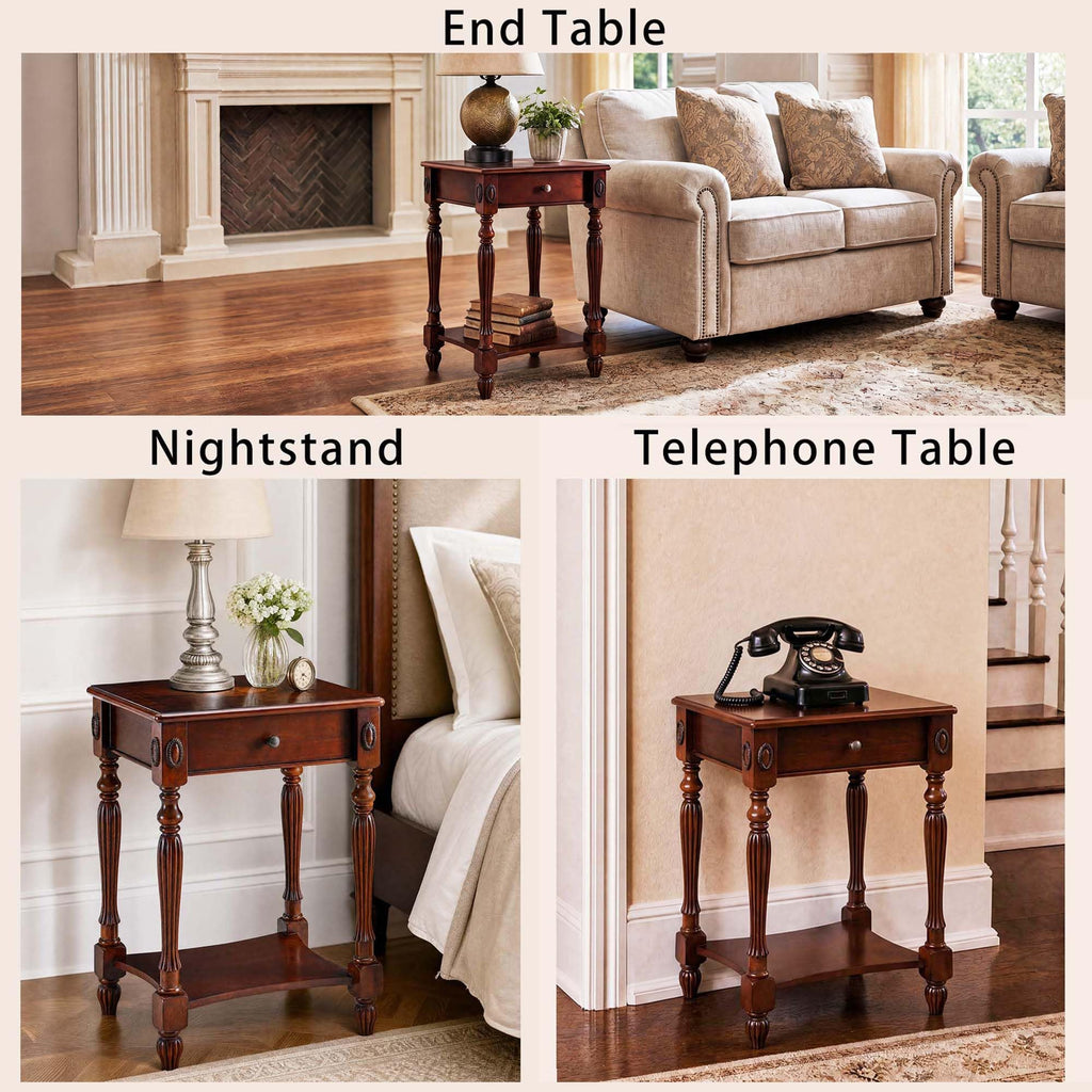 Solid Wood Side Table with Drawer and Storage Shelf G426232