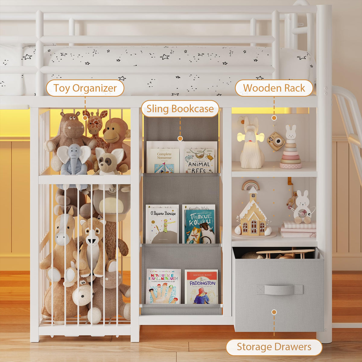 Twin Low Loft Bed with Storage Drawers and LED Lights P6335