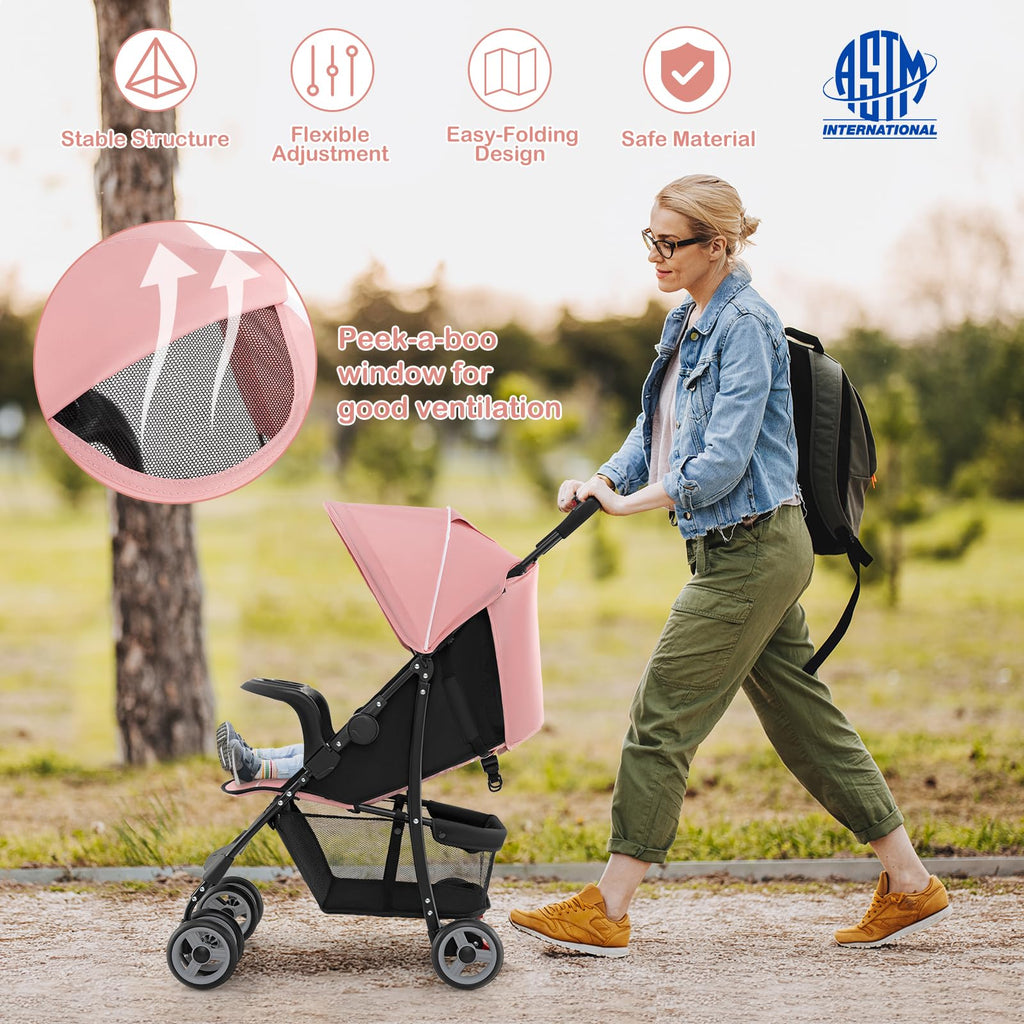 Lightweight Compact Fold Stroller with Canopy & Storage Basket, Pink O6338