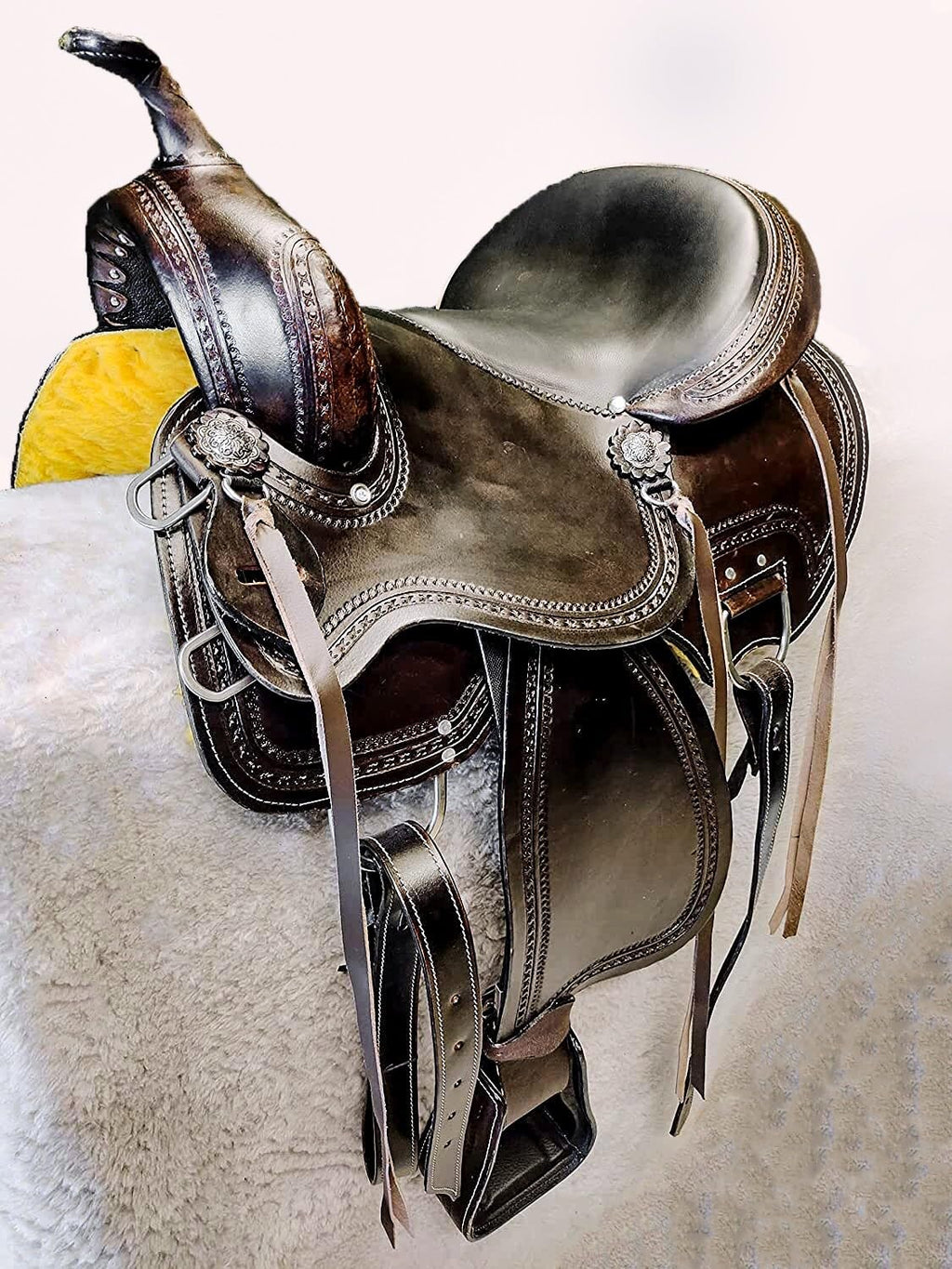 Brown Leather Western Horse Saddle Set with Headstall Breast Collar Reins E6396