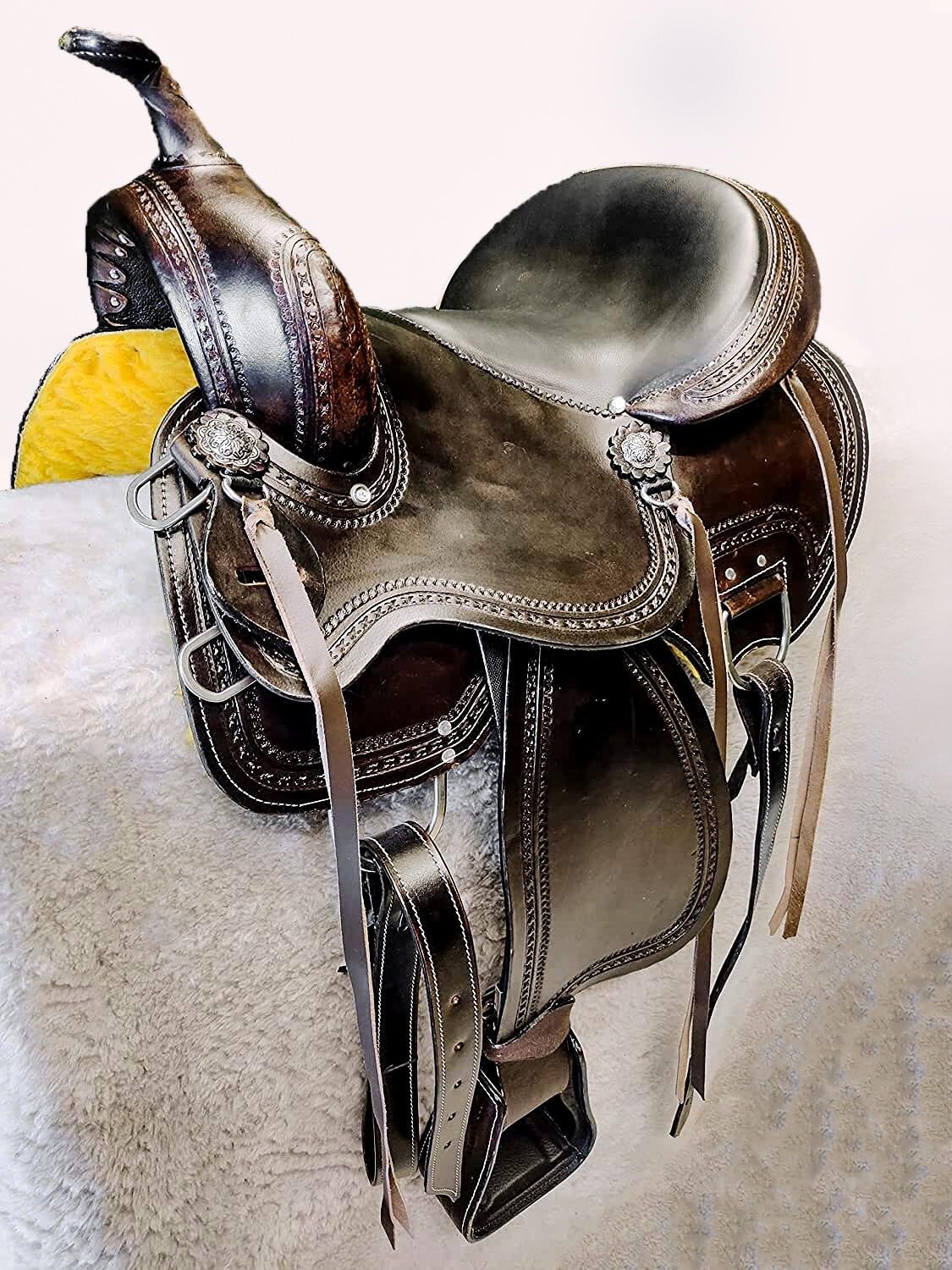 Brown Leather Western Horse Saddle Set with Headstall Breast Collar Reins E6396