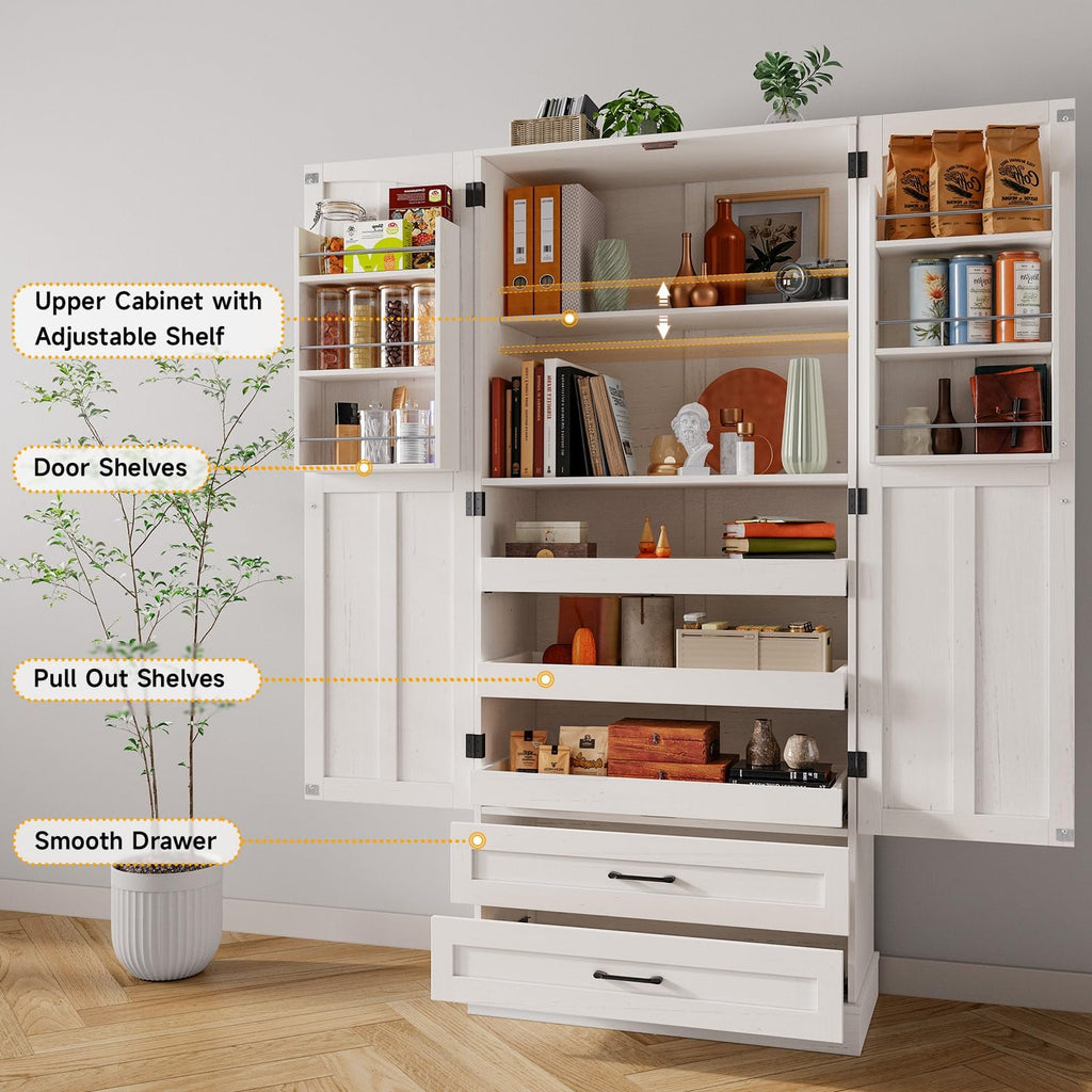 71" Off-White Kitchen Pantry Cabinet with 3 Pull-Out Shelf & 2 Drawer P3515