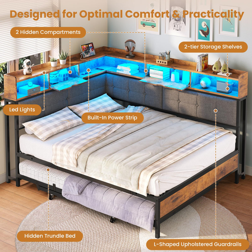 Black Corner Full Bed Frame with Trundle U84611