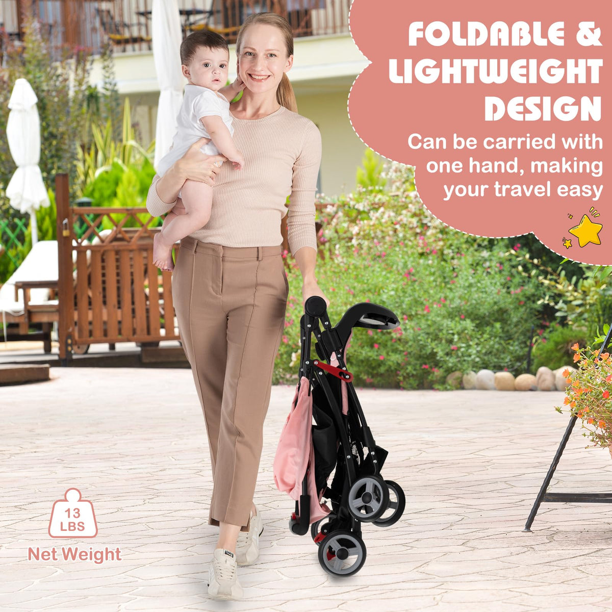 Lightweight Compact Fold Stroller with Canopy & Storage Basket, Pink O6338