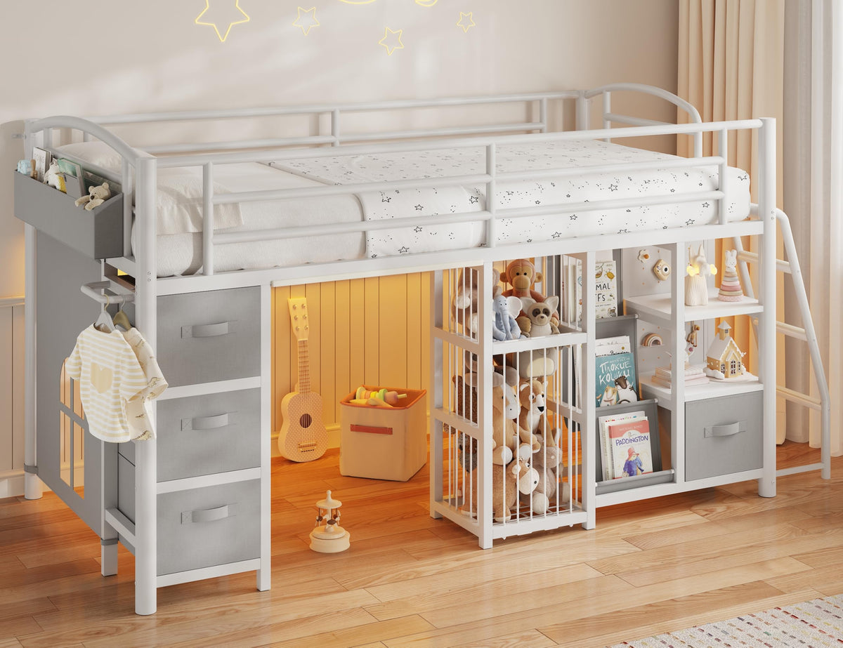 Twin Low Loft Bed with Storage Drawers and LED Lights P6335