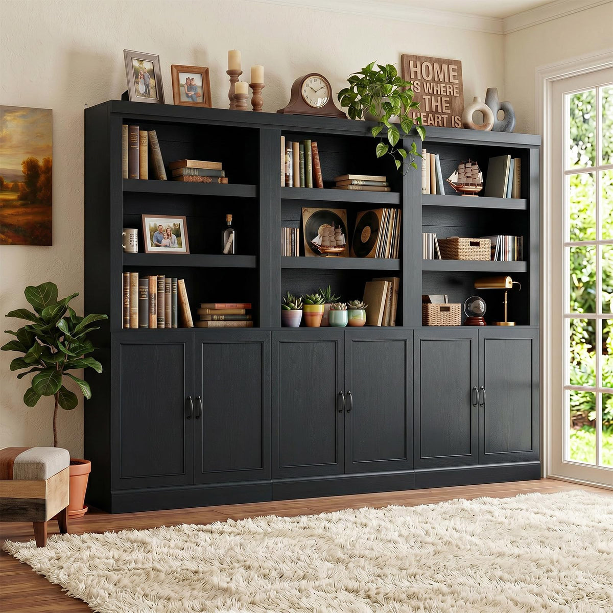 71" Tall Black Bookshelf with Doors and Adjustable Shelves M367