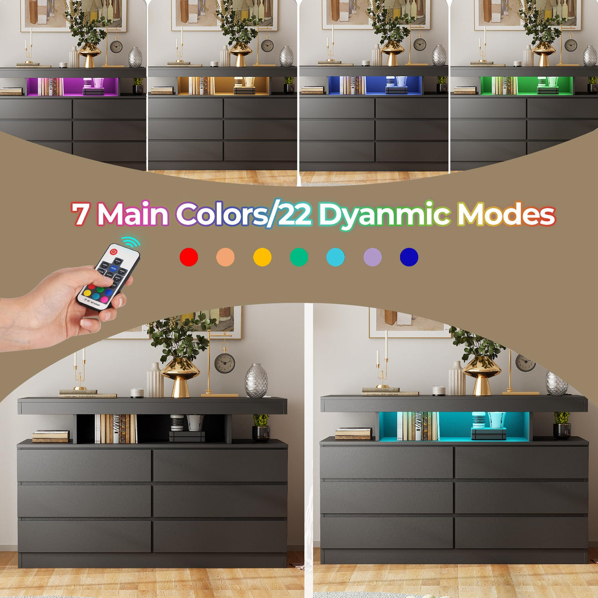 Black Dresser with Charging Station and LED Lights Y85334