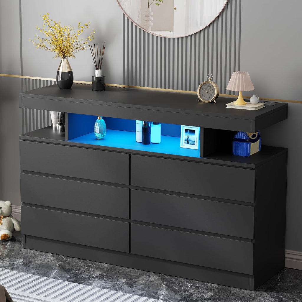 Black Dresser with Charging Station and LED Lights Y85334