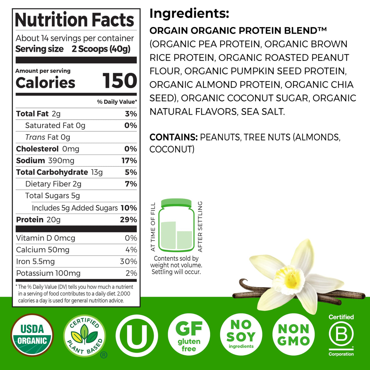 Organic Vegan Protein Powder, Vanilla, 1.25lb P876