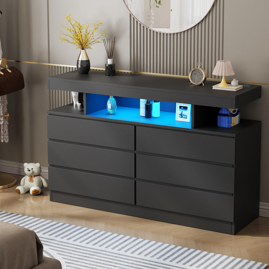 Black Dresser with Charging Station and LED Lights Y85334