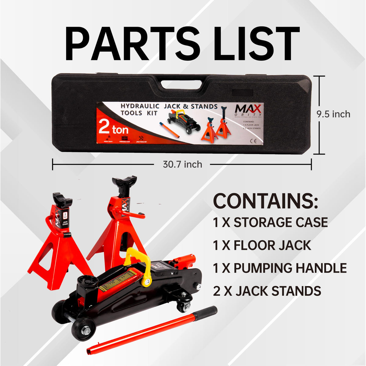 2-Ton Hydraulic Low Profile Trolley Floor Jack with Case and 1 Pair 2 Ton Jack Stands Z91596