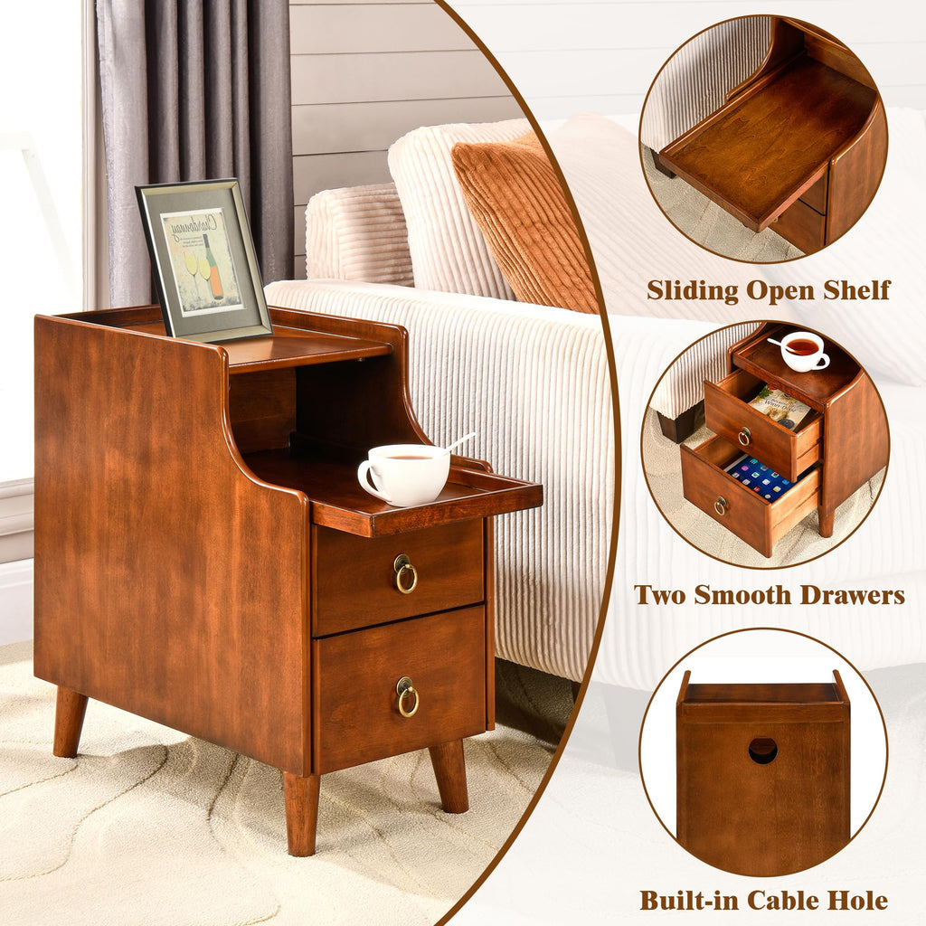 Solid Wood Narrow Nightstand with 2 Drawers F675