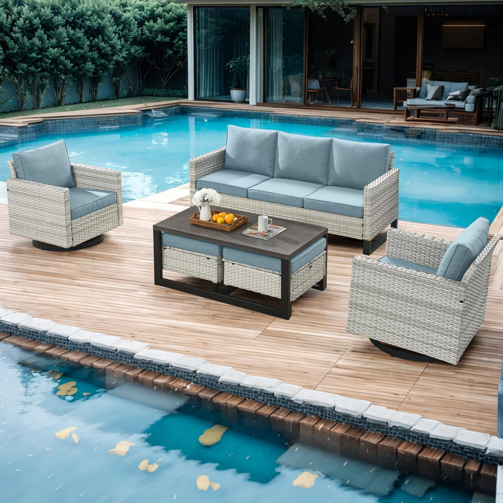6 Piece Wicker Patio Conversation Set with Swivel Rocker Chairs and Ottoman G25736