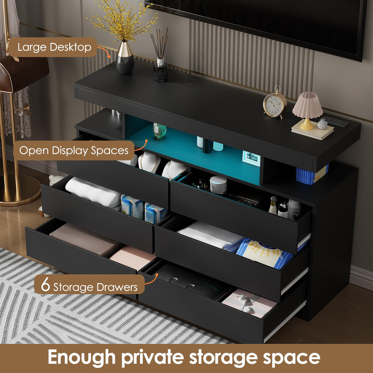 Black Dresser with Charging Station and LED Lights Y85334