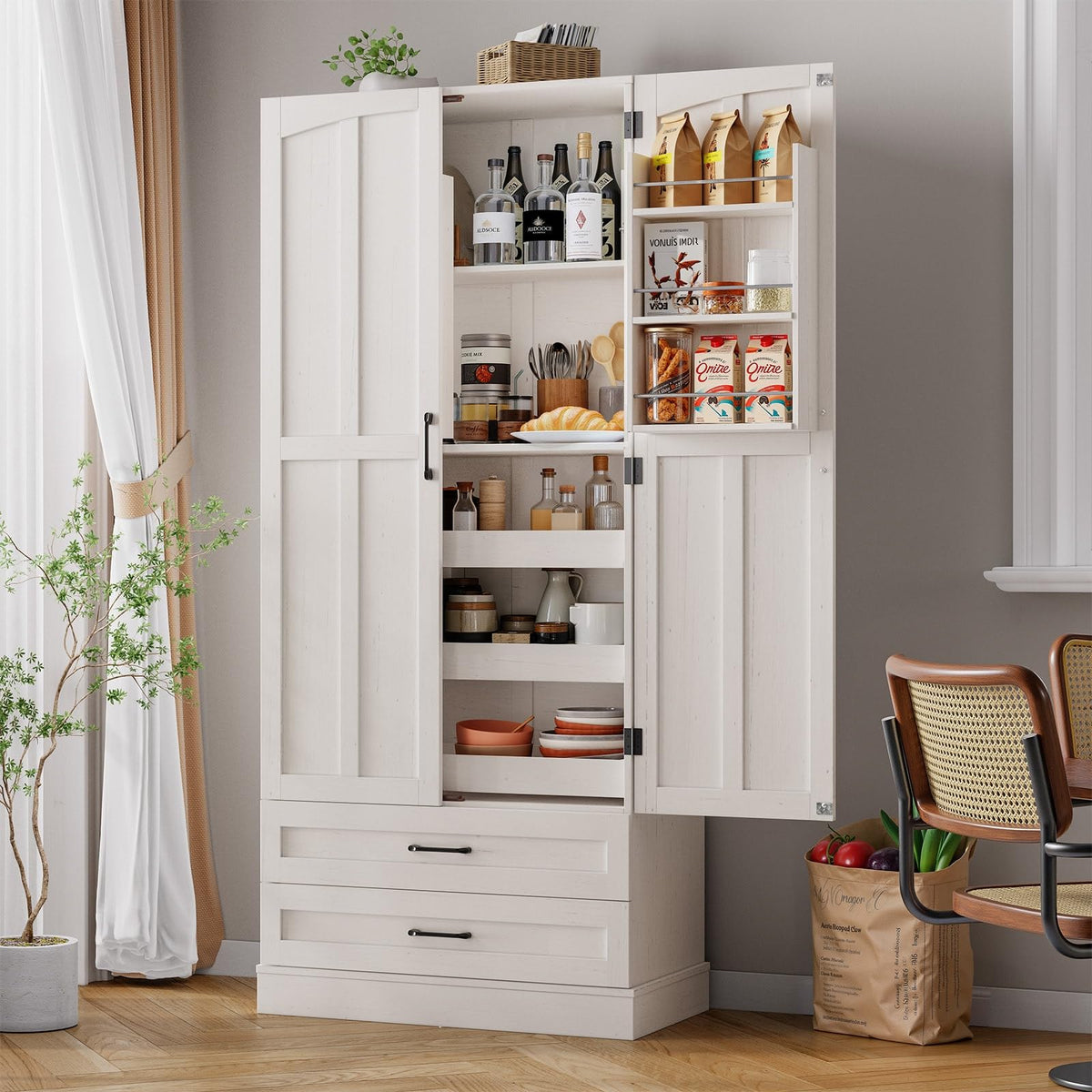 71" Off-White Kitchen Pantry Cabinet with 3 Pull-Out Shelf & 2 Drawer P3515