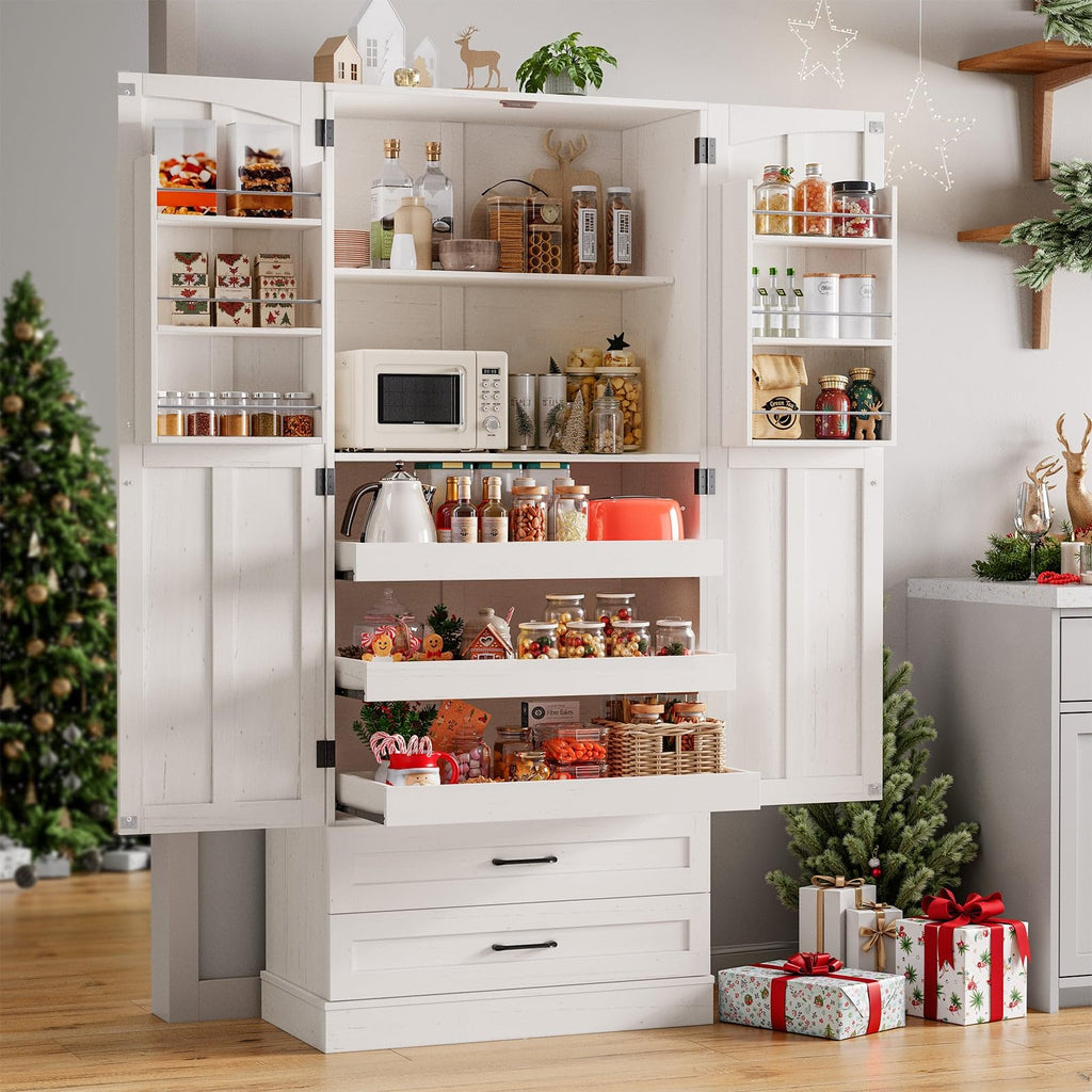 71" Off-White Kitchen Pantry Cabinet with 3 Pull-Out Shelf & 2 Drawer P3515