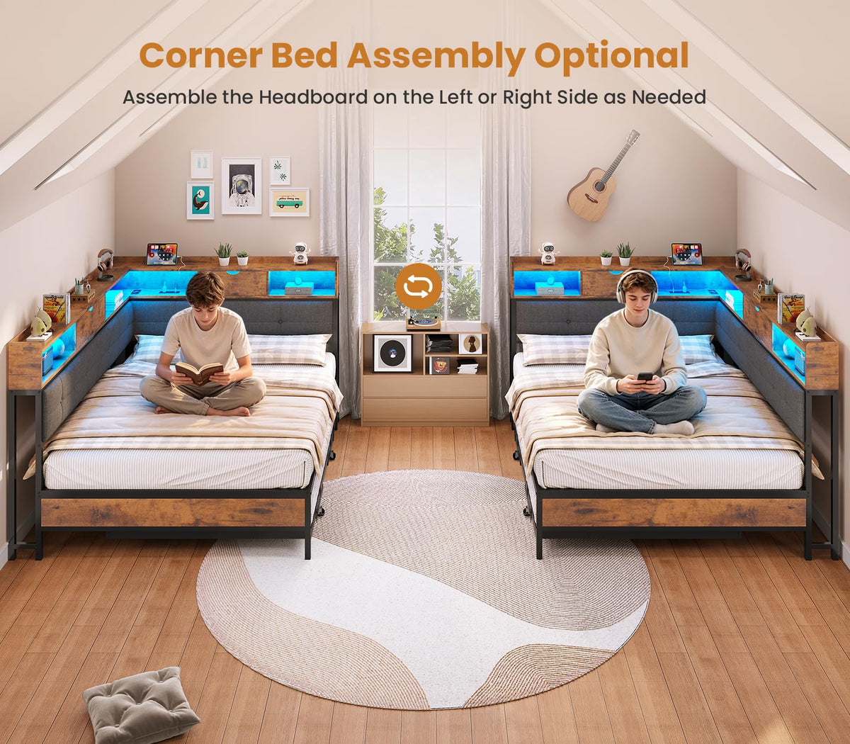 Black Corner Full Bed Frame with Trundle U84611