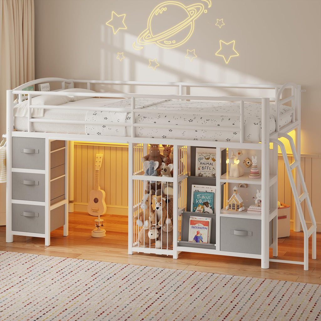 Twin Low Loft Bed with Storage Drawers and LED Lights P6335