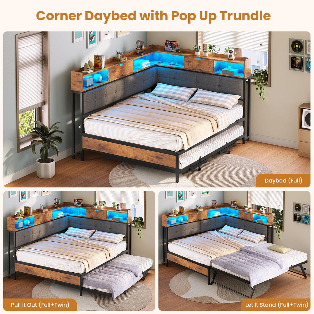 Black Corner Full Bed Frame with Trundle U84611