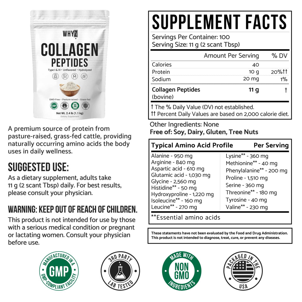 Bovine Collagen Peptides Powder, Hydrolyzed Type I & III, Grass-Fed Unflavored, 2.4lb I3984