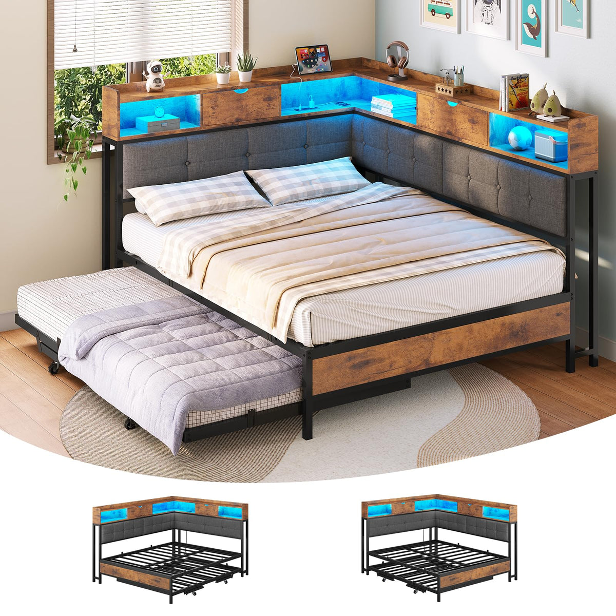 Black Corner Full Bed Frame with Trundle U84611