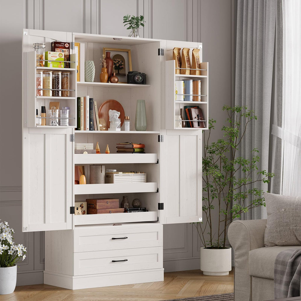 71" Off-White Kitchen Pantry Cabinet with 3 Pull-Out Shelf & 2 Drawer P3515