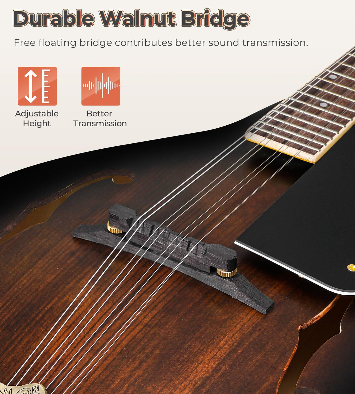 Acoustic Mandolin Instrument Solid Spruce Top 8 String Dark Brown G154