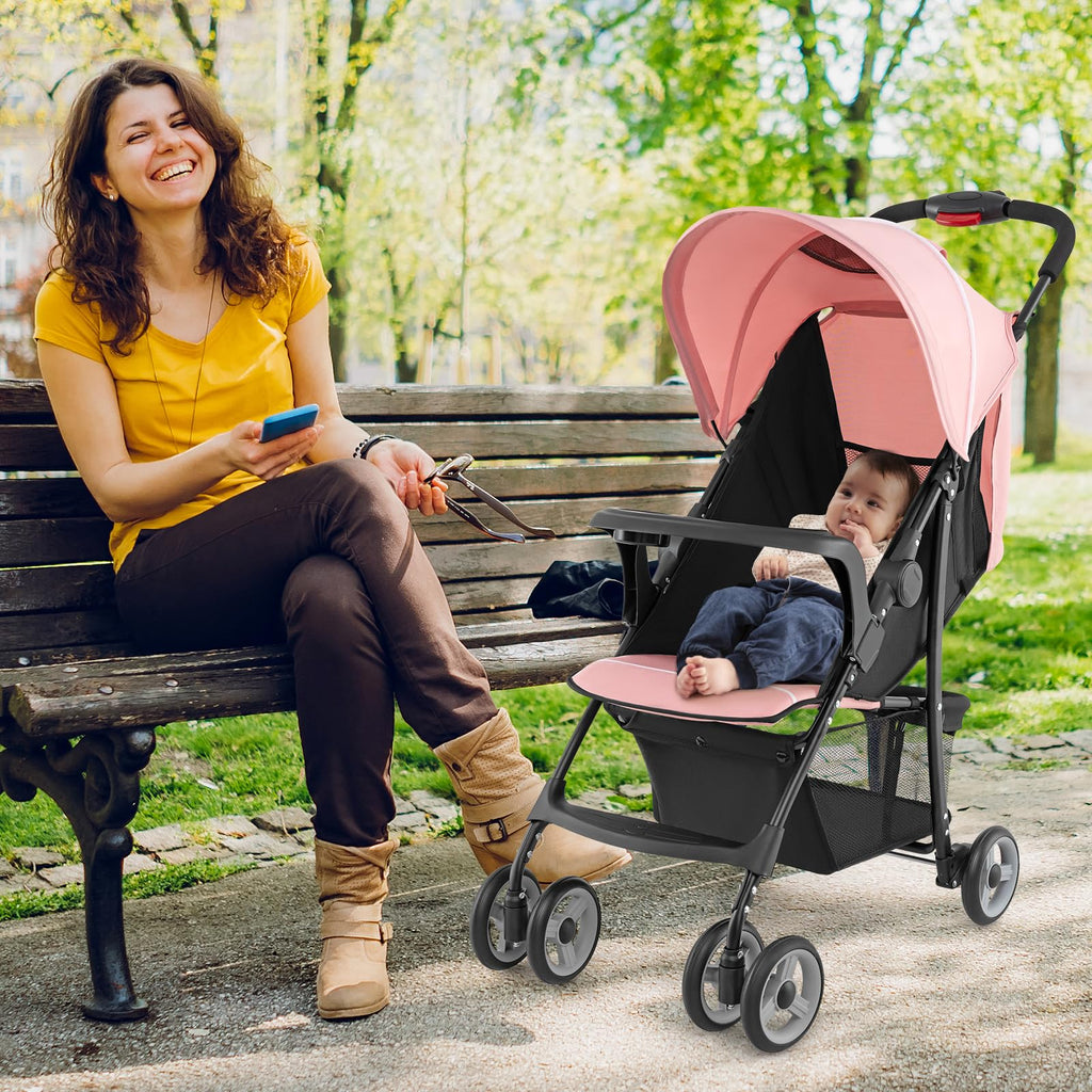 Lightweight Compact Fold Stroller with Canopy & Storage Basket, Pink O6338
