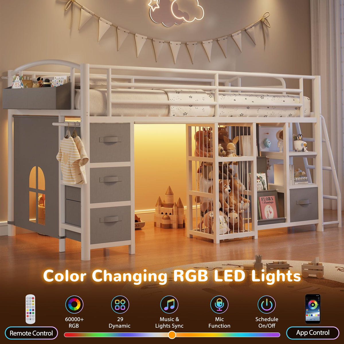 Twin Low Loft Bed with Storage Drawers and LED Lights P6335