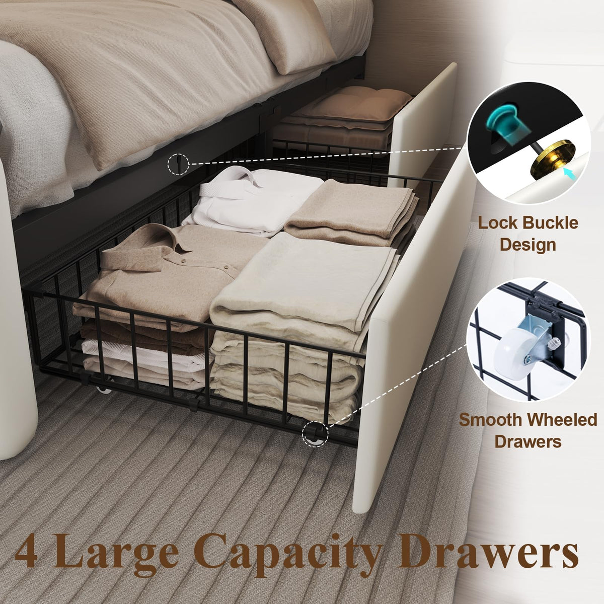 White Upholstered Twin Size Bed Frame with 4 Storage Drawers I54298