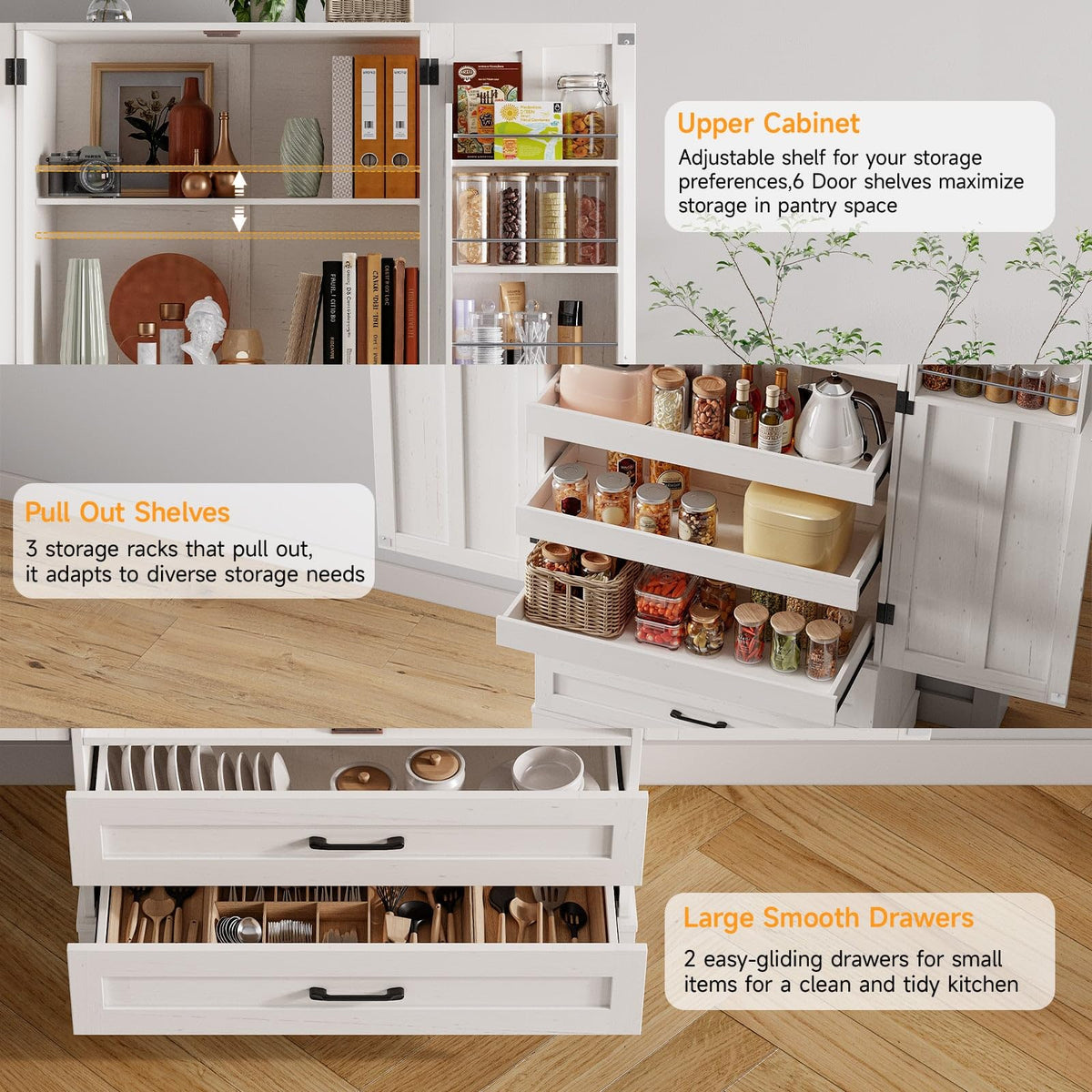 71" Off-White Kitchen Pantry Cabinet with 3 Pull-Out Shelf & 2 Drawer P3515