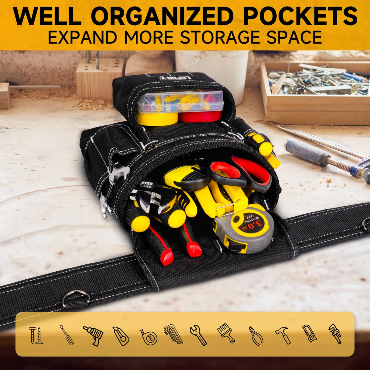Tool Belt with 4 D-Rings, 27-Pockets E7442
