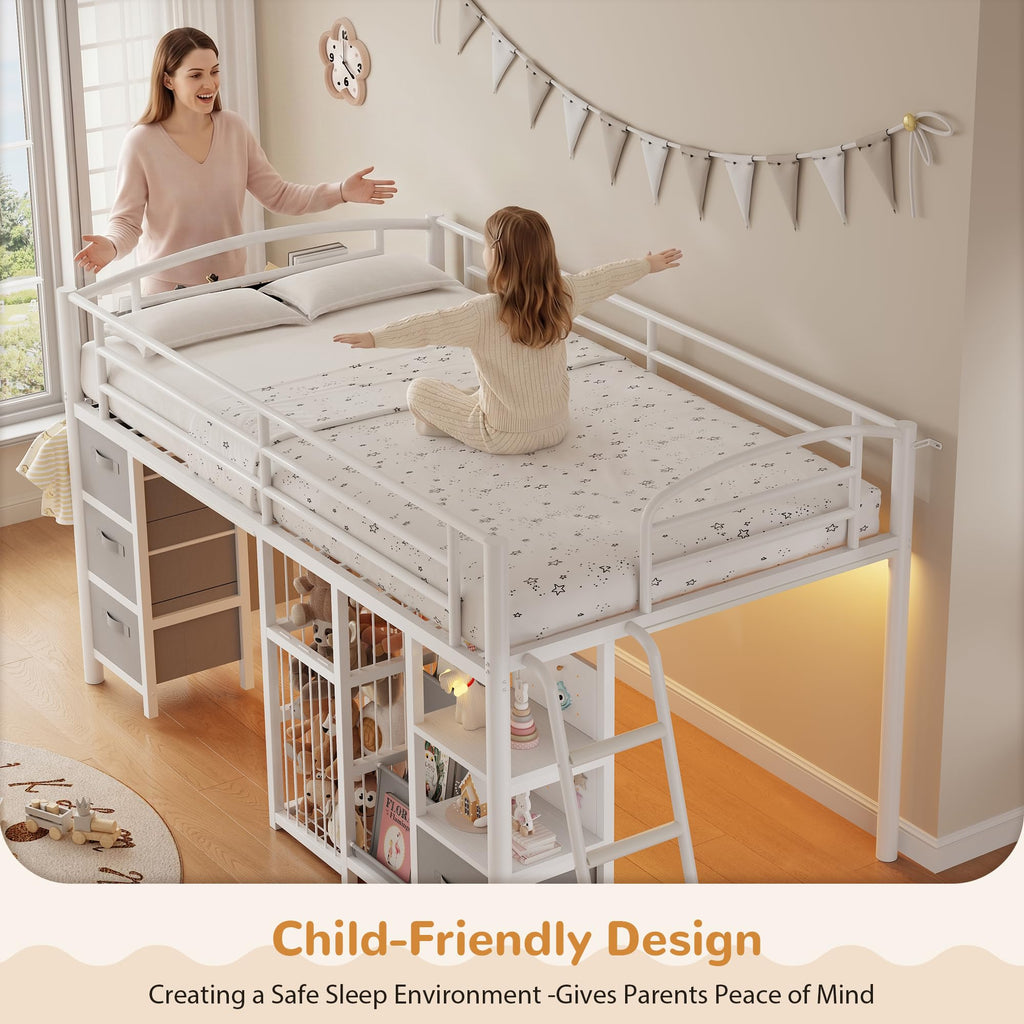 Twin Low Loft Bed with Storage Drawers and LED Lights P6335