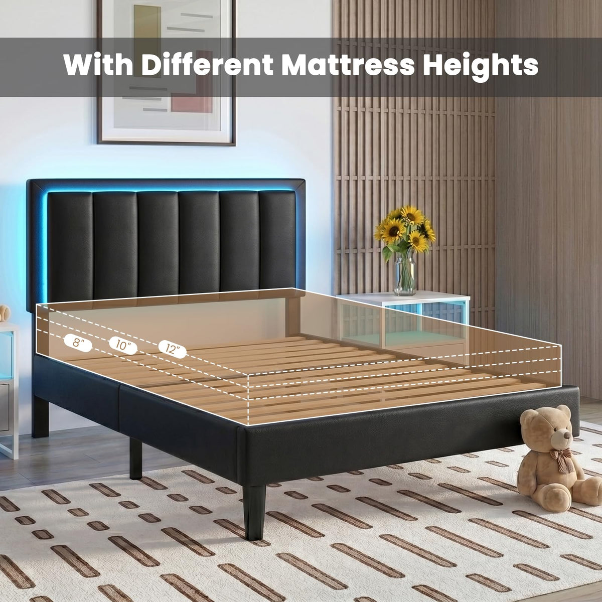 Full Size Upholstered Platform Bed Frame with Headboard, RGB LED Lights, Black K51517